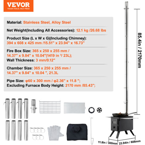VEVOR Poele a bois, 86 pouces, poele de tente de camping en acier allie portable avec 8 tuyaux de cheminee et gants, poele de tente chaude de 1400 po³ pour la cuisine et le chauffage en plein air