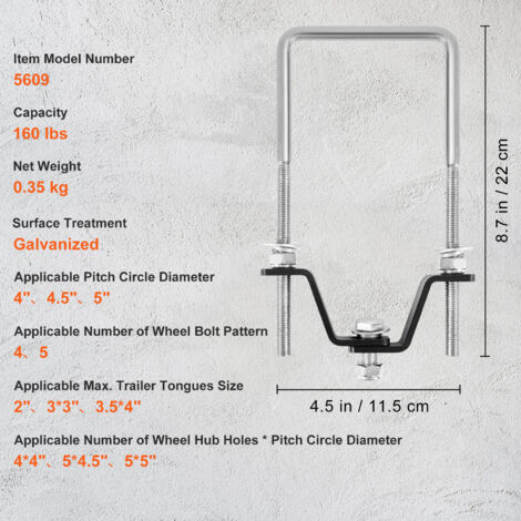 VEVOR Support Roue de Secours Remorque, Porte-pneu de Secours de Remorque Marine a Boulon U Zingue Capacite Charge 73 kg Montage Lateral avec Serrure pour Roues a 4, 5 Boulons sur Modeles 4", 4,5", 5"