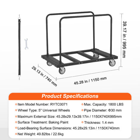 VEVOR Chariot Porte-plaques de Platre 816 kg Chariot Porte-Panneaux pour Cloisons Seches 1150x740 mm avec Roues Pivotantes 360° Manutention Planches pour Bois de Construction, Garage, Maison, Entrepot
