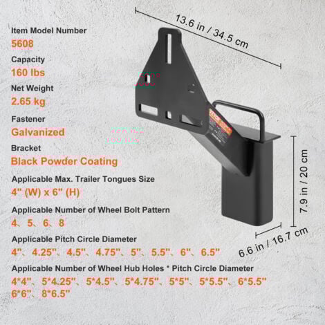 VEVOR Support Roue de Secours Remorque, Porte-pneu de Secours de Remorque Charge 73 kg Accessoires Nombreux pour Plupart des Roues a 4, 5, 6 et 8 Boulons sur 4", 4,25", 4,5", 4,75", 5", 5,5", 6", 6,5"