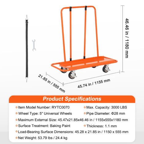 VEVOR Chariot Porte-plaques de Platre 1360 kg Chariot Panneaux pour Cloisons Seches Plateforme 1150x555 mm Roues Pivotantes Verrouillables Manutention pour Bois Construction, Garage, Maison, Entrepot