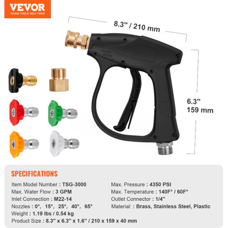 Pistolet Nettoyeur Haute Pression M MINGLE - 3600 PSI, Eau Chaude/froide, 5 Buses, Filetage M22 - 2
