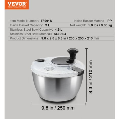 VEVOR Essoreuse a Salade en Verre 4,5 L Grande Secheuse a Legumes a Pression Facile a Une Main, Nettoyant et Sechoir a Laitue avec Couvercle de Bol en Acier Inoxydable pour Fruits Cuisine Maison