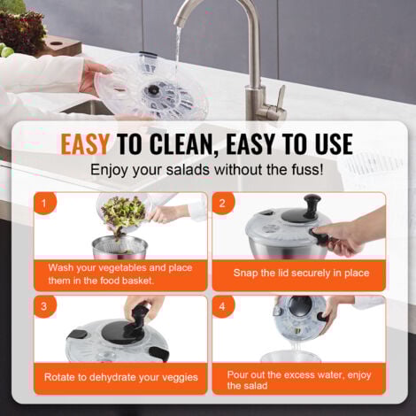 VEVOR Essoreuse a Salade en Verre 4,5 L Grande Secheuse a Legumes a Pression Facile a Une Main, Nettoyant et Sechoir a Laitue avec Couvercle de Bol en Acier Inoxydable pour Fruits Cuisine Maison