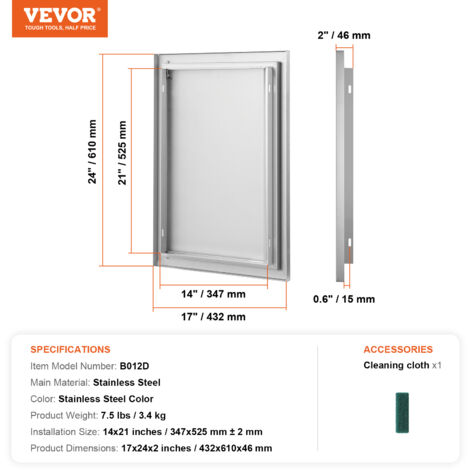 Porte D'accès En Inox Pour Cuisine Extérieure VEVOR - 457x610x45mm, Facile à Installer