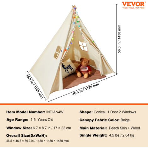 VEVOR Tente Tipi Enfants 1-5 Ans - Tente De Jeu Pliable Avec Tapis Et Sac Transport, Beige