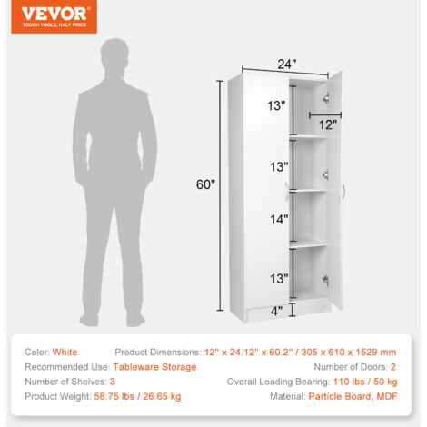 VEVOR Armoire de Rangement pour Garde-manger Cuisine 152,9 cm de Haut, Meuble Haut pour Cuisine Autoportante Charge 50 kg avec 3 Etageres (2 Reglables), en Bois deIngenierie pour Salle a Manger