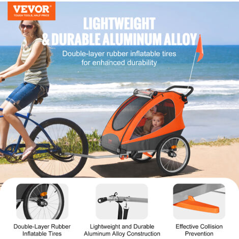 Remorque Vélo Enfants Double Siège VEVOR - 45kg Charge Max - Transformable En Poussette - Pliable Et Universelle