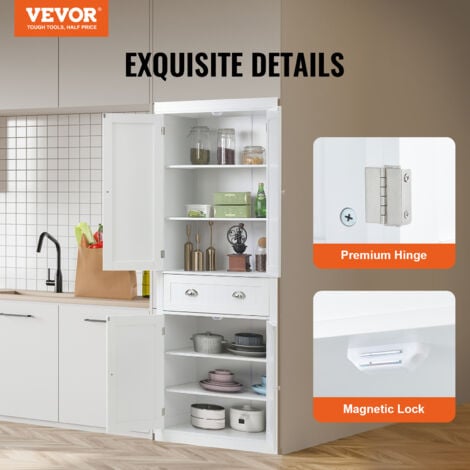 VEVOR Armoire de Rangement pour Garde-manger de Cuisine de 183 cm, Armoires Utilitaires Autoportantes avec Portes, Tiroir et 3 Etageres Reglables, Meuble Haut pour Cuisine, Salle a Manger, Buanderie