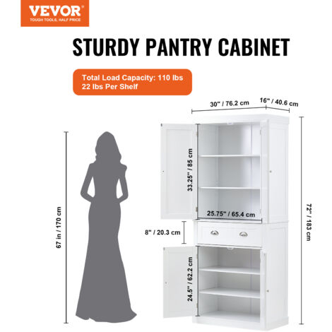 VEVOR Armoire de Rangement pour Garde-manger de Cuisine de 183 cm, Armoires Utilitaires Autoportantes avec Portes, Tiroir et 3 Etageres Reglables, Meuble Haut pour Cuisine, Salle a Manger, Buanderie
