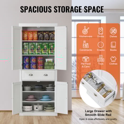 VEVOR Armoire de Rangement pour Garde-manger de Cuisine de 183 cm, Armoires Utilitaires Autoportantes avec Portes, Tiroir et 3 Etageres Reglables, Meuble Haut pour Cuisine, Salle a Manger, Buanderie