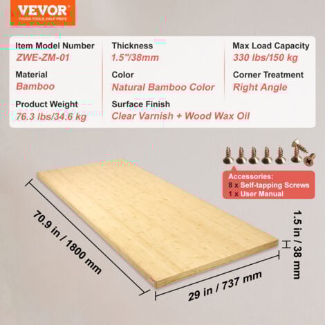 VEVOR Dessus de table en bambou, 70,9" x 29" x 1,5", capacite de charge de 330 lb, bureau universel solide monobloc en bambou pour cadre de bureau electrique reglable en hauteur