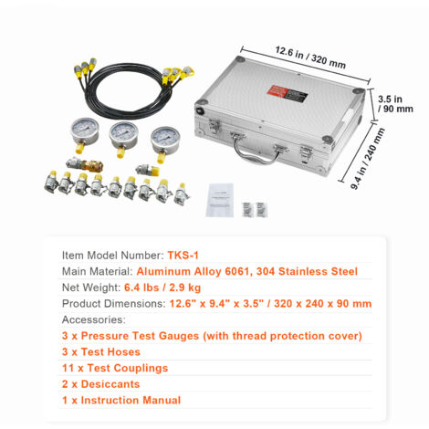 Kit De Test De Pression Hydraulique VEVOR - 3 Manomètres, 11 Raccords, 3 Tuyaux - Neuf