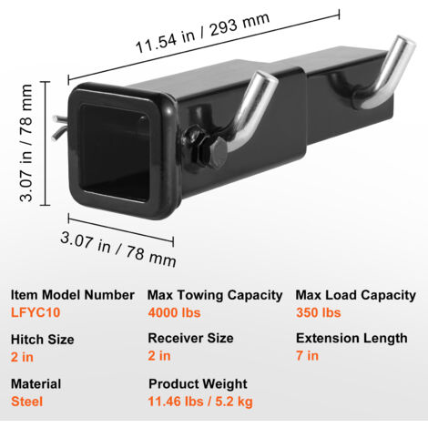 Rallonge Attelage Remorque VEVOR - Capacité 1814 Kg - Montée/descente 10 Cm - Longueur 13/17 Cm - Noir