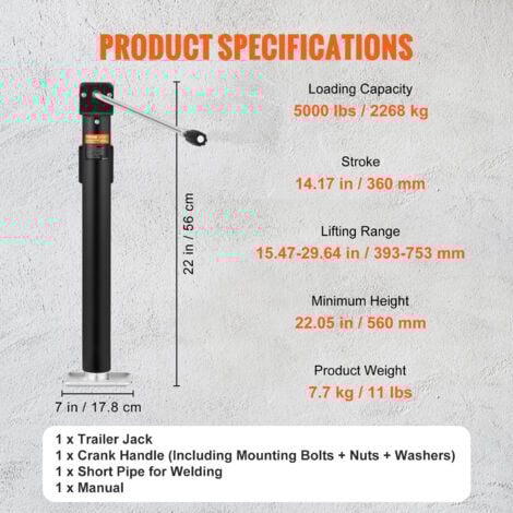 VEVOR Cric de Remorque, Support Cric Remorque a Souder Capacite de Charge 2268 kg avec Manivelle pour Soulever le Remorque de Camping-car, Remorque a Chevaux, Remorque Utilitaire, Remorque de Yacht