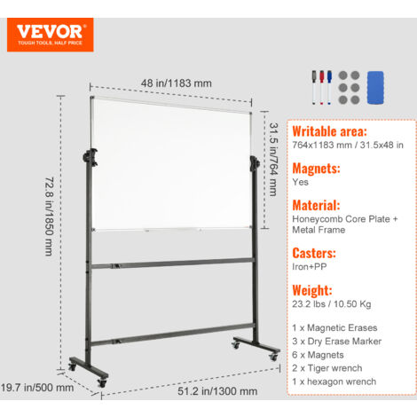 VEVOR Tableau Blanc Magnetique 118,3x76,4 cm Tableau Blanc Mobile ...