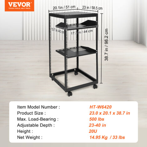 Rack Serveur 12U VEVOR - Cadre Ouvert, Profondeur Réglable 58,5-101,6cm - Roulettes - 500lb Capacité