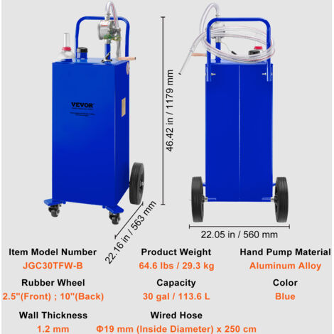 Chariot à Carburant VEVOR 35 Gallons - Réservoir Rouge Avec Pompe Manuelle, 4 Roues, Pour Essence/diesel