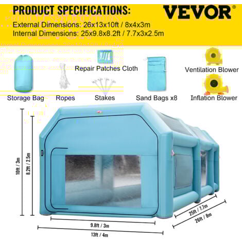 Mophorn Cabine Peinture Voiture 8x4x3m, Tente Pulverisation Gonflable Garage Tissu Oxford 210D PVC Souffleur Gonflage 950W Souffleur de Ventilation 330W Tente Tunnel pour Camping Mecaniciens Automobil