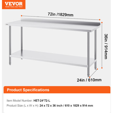 Table De Travail Inox 61x91.4x91.4 Cm VEVOR - Table De Cuisine Réglable - Pour Restaurant, Bar, Maison