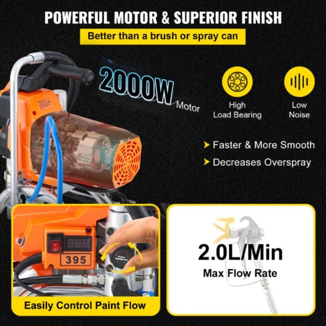 VEVOR Systeme de Peinture par Pulverisation 2000 W, Pulverisateur sans Air avec Tuyau Haute Pression, Pistolet de Peinture Murale 3000 PSI, pour Peinture a Base deEau et deHuile Interieure Exterieure