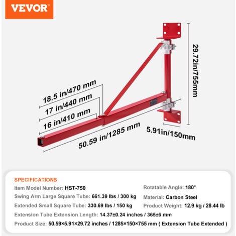 VEVOR Bras de support de palan electrique, capacite de charge 300 kg, bras pivotant support de palan avec poteau, cadre de palan acier, bras de levage de palan deechafaudage 180° pour atelier