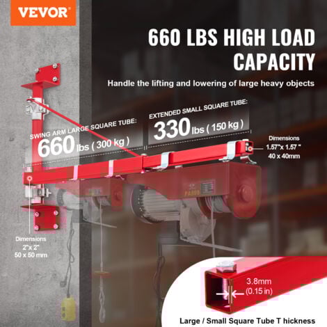 VEVOR Bras de support de palan electrique, capacite de charge 300 kg, bras pivotant support de palan avec poteau, cadre de palan acier, bras de levage de palan deechafaudage 180° pour atelier