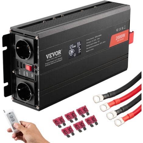 VEVOR Onduleur a onde sinusoïdale pure, 2000 W, onduleur CC 12 V vers CA 230 V avec 2 prises CA, 2 ports USB, 1 port Type-C, ecran LCD et une telecommande pour equipement menager de taille moyenne