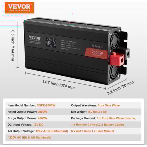 VEVOR Onduleur a onde sinusoïdale pure, 2000 W, onduleur CC 12 V vers CA 230 V avec 2 prises CA, 2 ports USB, 1 port Type-C, ecran LCD et une telecommande pour equipement menager de taille moyenne