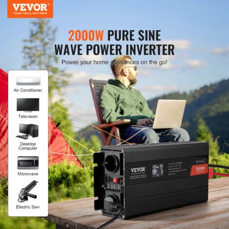 VEVOR Onduleur a onde sinusoïdale pure, 2000 W, onduleur CC 12 V vers CA 230 V avec 2 prises CA, 2 ports USB, 1 port Type-C, ecran LCD et une telecommande pour equipement menager de taille moyenne