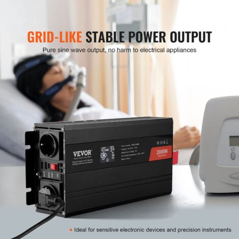 VEVOR Onduleur a onde sinusoïdale pure, 2000 W, onduleur CC 12 V vers CA 230 V avec 2 prises CA, 2 ports USB, 1 port Type-C, ecran LCD et une telecommande pour equipement menager de taille moyenne