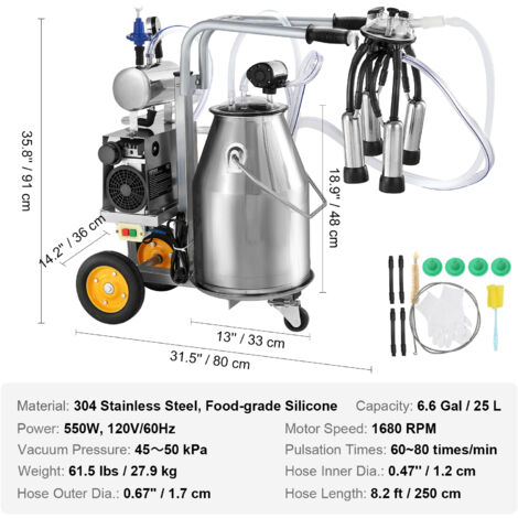 VEVOR Machine a traire electrique pour vaches, seau inox 304 25 L, trayeuse sous vide a pulsation auto, trayeuse portable avec gobelets et tubes en silicone de qualite alimentaire, pression reglable
