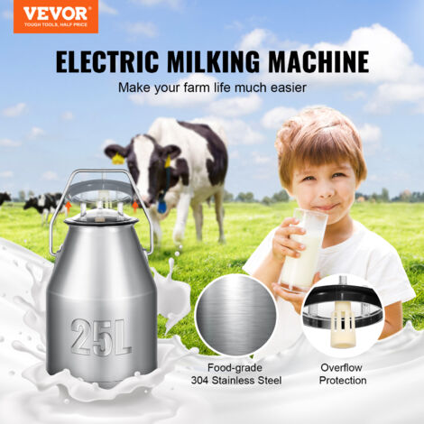 VEVOR Machine a traire electrique pour vaches, seau inox 304 25 L, trayeuse sous vide a pulsation auto, trayeuse portable avec gobelets et tubes en silicone de qualite alimentaire, pression reglable