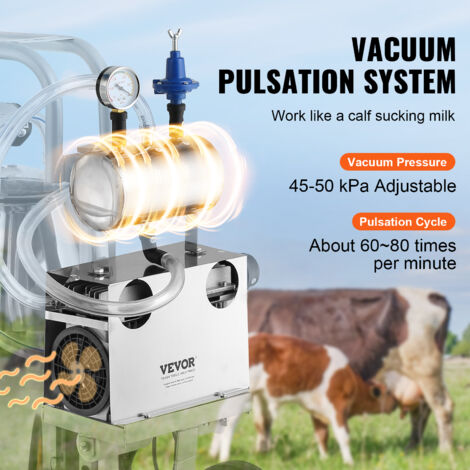 VEVOR Machine a traire electrique pour vaches, seau inox 304 25 L, trayeuse sous vide a pulsation auto, trayeuse portable avec gobelets et tubes en silicone de qualite alimentaire, pression reglable