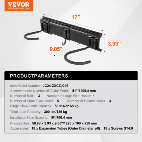 VEVOR Support de rangement pour vélo, 2159 mm, 6 portes-vélo et 5 crochets pour casques, organisateur de maison et de garage, charge 136 kg, support mural réglable pour différentes tailles de vélo