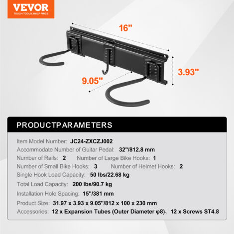 Support Mural Rangement Vélo VEVOR - 2 Vélo, Rail 43,18 Cm, Charge 45 Kg, Réglable Pour Garage Et Maison