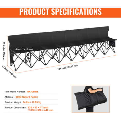 VEVOR Banc Pliant Portable à 6 Places, Banc De Camping Pliable En Plein Air Avec Sac De Transport, Banc Latéral De Sport D'équipe Pour Football, Camping, Pêche, Siège Instantané Sans Assemblage, Noir