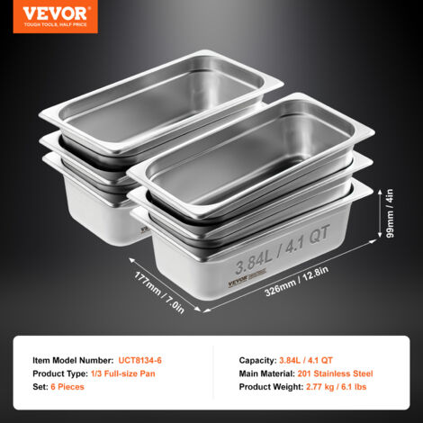 Lot De 6 Bacs Gastronormes GN 1/1 VEVOR - Inox 0,8mm, 15cm De Profondeur, Pour Fours Et Restauration