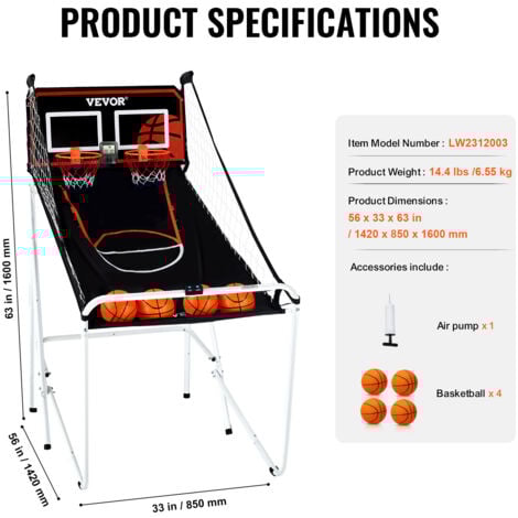 VEVOR Jeu dearcade de basketball pliable, 2 joueurs, panier de basketball a double tir a domicile, 4 ballons, tableau de bord electronique et pompe de gonflage, pour enfants et adultes, noir et blanc