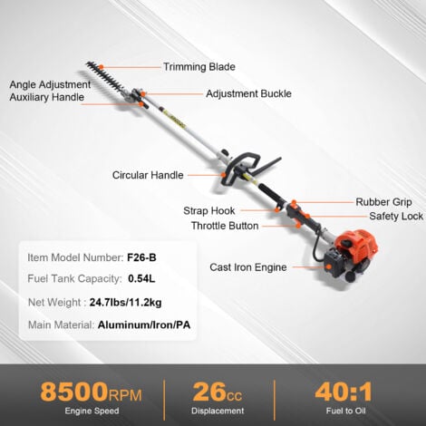 VEVOR Taille-haie a gaz, 26 CC, taille-haie a perche moteur a 2 temps avec lame double face double action, tete de coupe reglable a 270°, outils de coupe pour tailler les arbustes et les branches