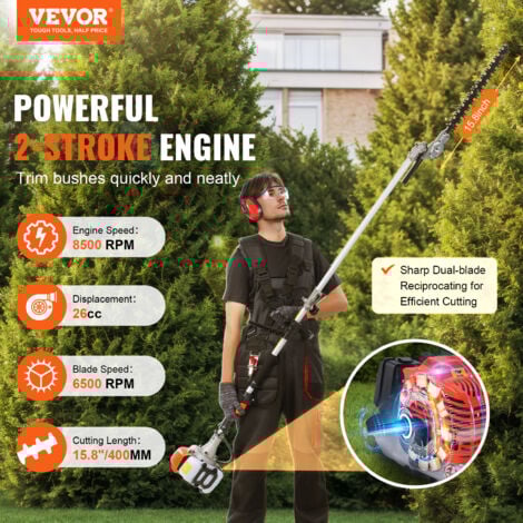 VEVOR Taille-haie a gaz, 26 CC, taille-haie a perche moteur a 2 temps avec lame double face double action, tete de coupe reglable a 270°, outils de coupe pour tailler les arbustes et les branches