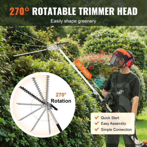 VEVOR Taille-haie a gaz, 26 CC, taille-haie a perche moteur a 2 temps avec lame double face double action, tete de coupe reglable a 270°, outils de coupe pour tailler les arbustes et les branches