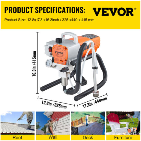 VEVOR Pulverisateur sans Air avec Tuyau Haute Pression, Pistolet de Peinture Murale Plafond 1800 W, 3000 PSI, 1,8 L/min, Pression de Pulverisation Reglable, pour Peinture Interieure Exterieure