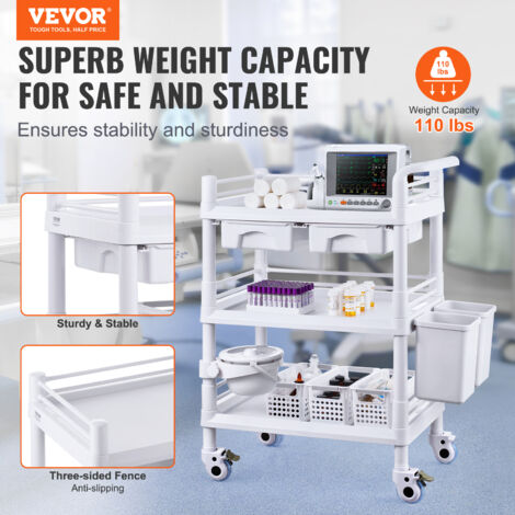 VEVOR Chariot medical portable, structure a 3 niveaux avec roues silencieuses, fabrique en PP robuste, dispose de trois conteneurs a dechets, ideal pour les laboratoires, les cliniques, les hopitaux