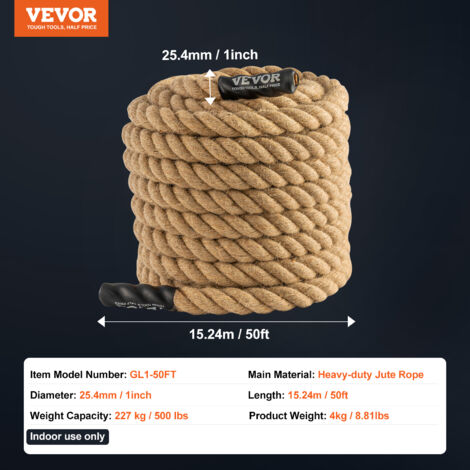 VEVOR Corde deescalade Fitness, 1 pouce deepaisseur, 50 pieds de long, corde deexercice pour les entrainements en salle de sport et a domicile, exercices de musculation et deescalade pour adultes