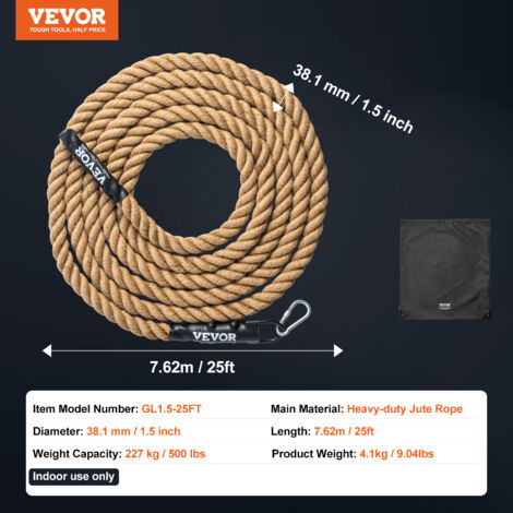 VEVOR Corde deescalade de fitness , 1,5" de largeur, 25 pieds de long, corde deexercice pour les entrainements en salle de sport et a domicile, musculation et escalade, convient aux adultes