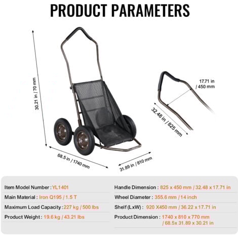 VEVOR Chariot de transport de gibier, chariot de chasse pliable de charge de 500 lb, equipe de 4 grandes roues et deune poignee confortable, chariot deequipement deexterieur durable