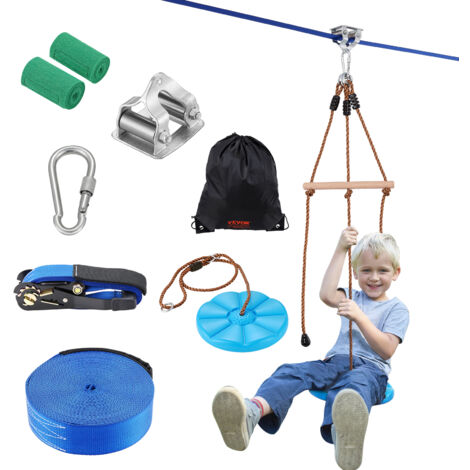 Kit Tyrolienne 47 M Pour Jardin – Avec Frein à Ressort, Harnais, Siège Et Sangle De Tension – Pour Enfants Et Adultes – Activité Plein Air Sécurisée