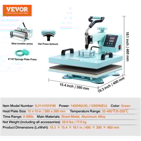 VEVOR Presse a Chaud 5-en-1 Plaque 38x38 cm, Machine de Sublimation Textile avec Presse a Tasses de 89 cL, Pivotant a 360°, Controle Numerique Precis, DIY T-shirts/Chapeaux/Tasses/Assiettes, Vert