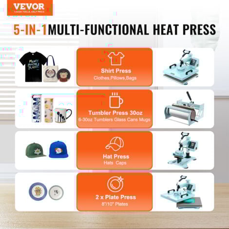 VEVOR Presse a Chaud 5-en-1 Plaque 38x38 cm, Machine de Sublimation Textile avec Presse a Tasses de 89 cL, Pivotant a 360°, Controle Numerique Precis, DIY T-shirts/Chapeaux/Tasses/Assiettes, Vert